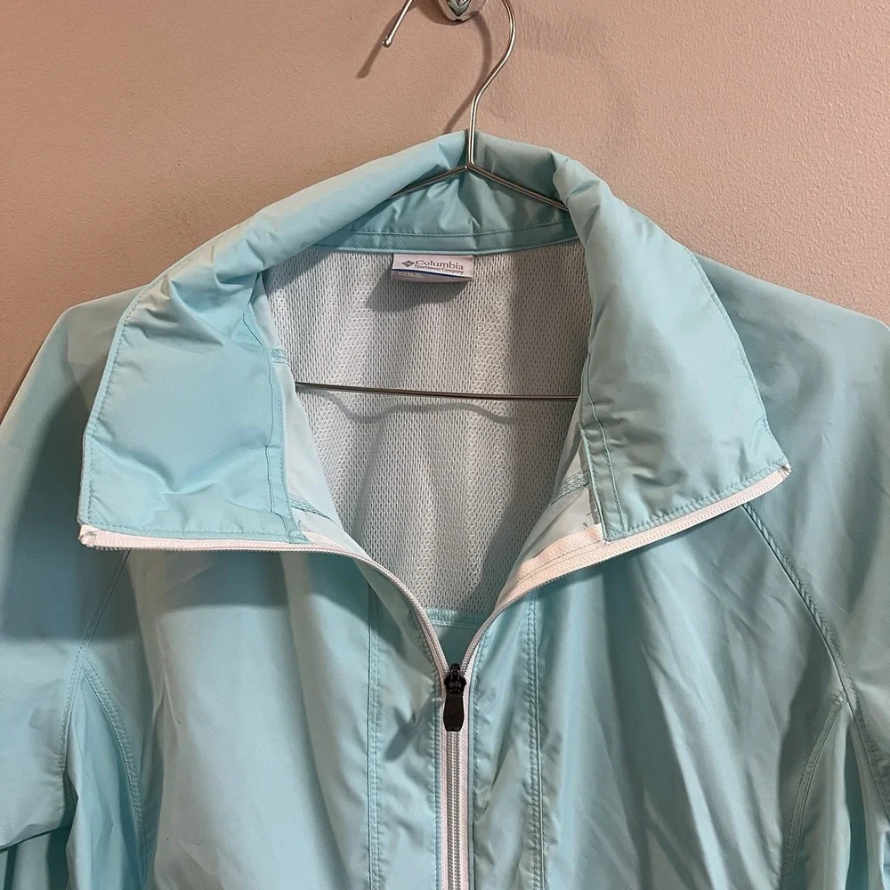 Columbia Rain Jacket Women's Waterproof Lightweight Blue Stow Hood SZ L - Picture 4 of 6